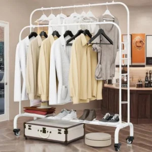 Iron Double Rods Garment Rack with Wheels