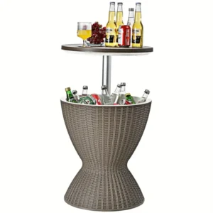 3-in-1 Patio Rattan 8 Gallon Cooler Bar Table with Adjust Ice Bucket